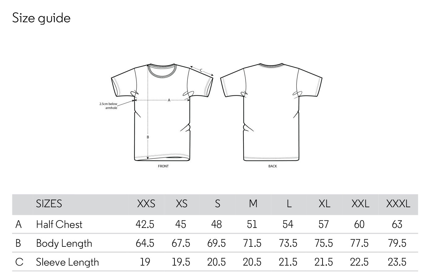 Unisex basic tshirt size chart